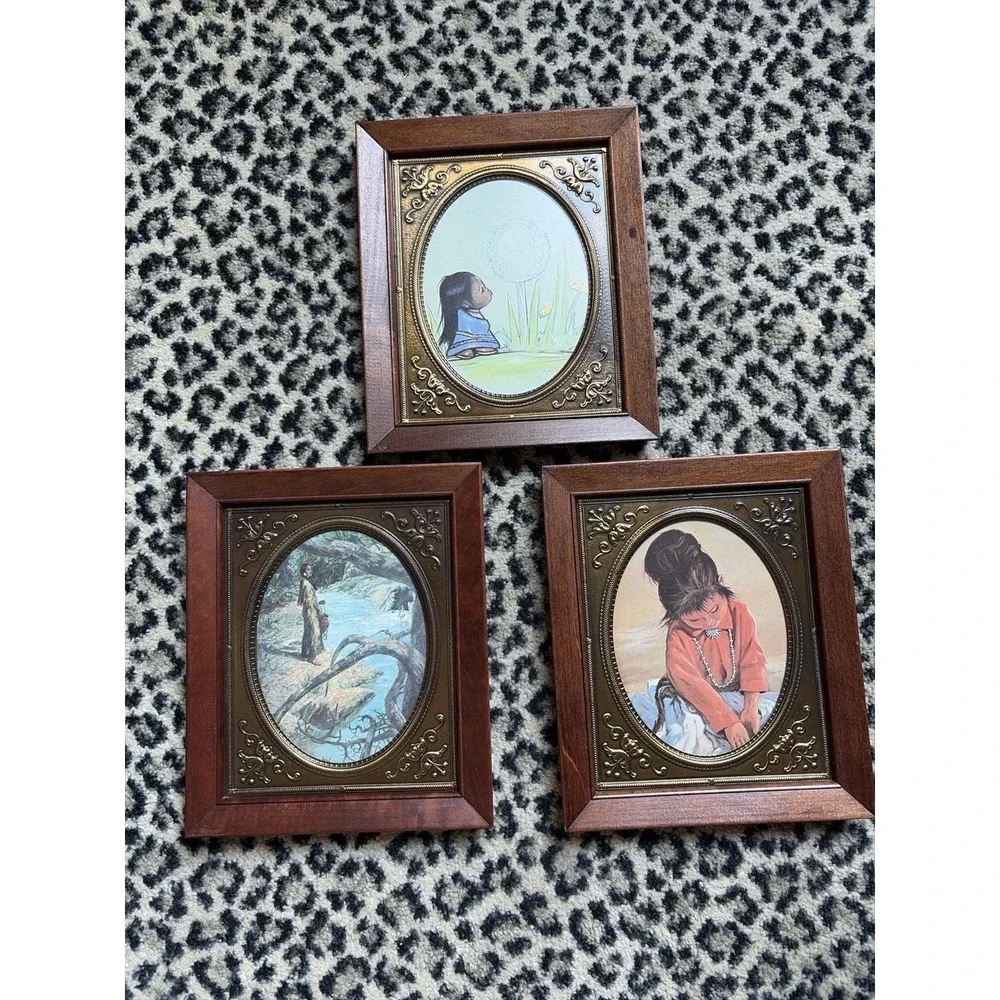 Set‎ 3 VTG Style Framed Prints Southwestern Girls Wood Brass Frame 9.75x7.75